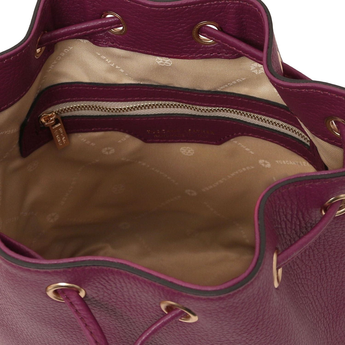TL Bag - Leather bucket bag | TL142146 in burgundy pebbled leather with drawstring closure and interior zip pocket on white background
