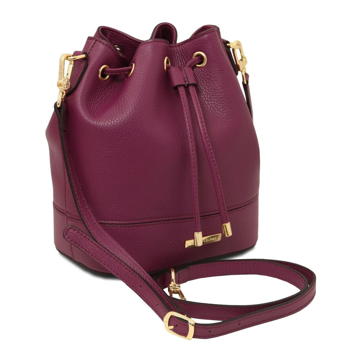 TL Bag - Leather bucket bag | TL142146 in burgundy pebbled leather with gold-tone hardware and adjustable shoulder strap on white background.