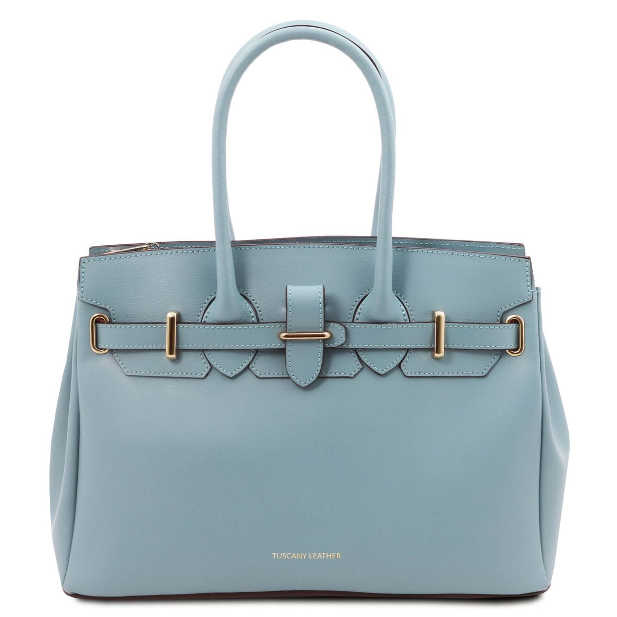 Azul claro leather handbag with double handles and gold-tone buckle details, crafted from smooth Italian leather.