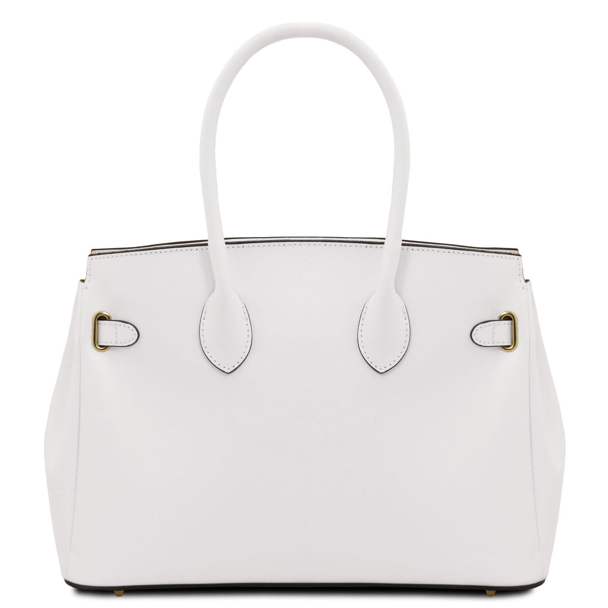 Blanco leather handbag with structured silhouette, rounded handles, and subtle herrajes dorados accents.