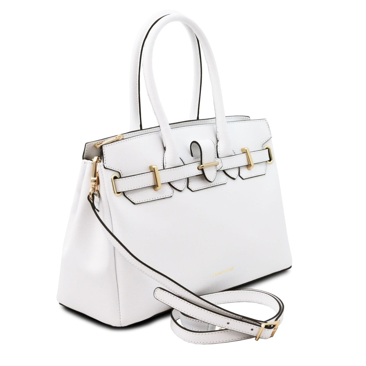 Blanco Bolso de piel italiana with structured silhouette, asas superiores, correa de hombro extraíble, and herrajes dorados accents.