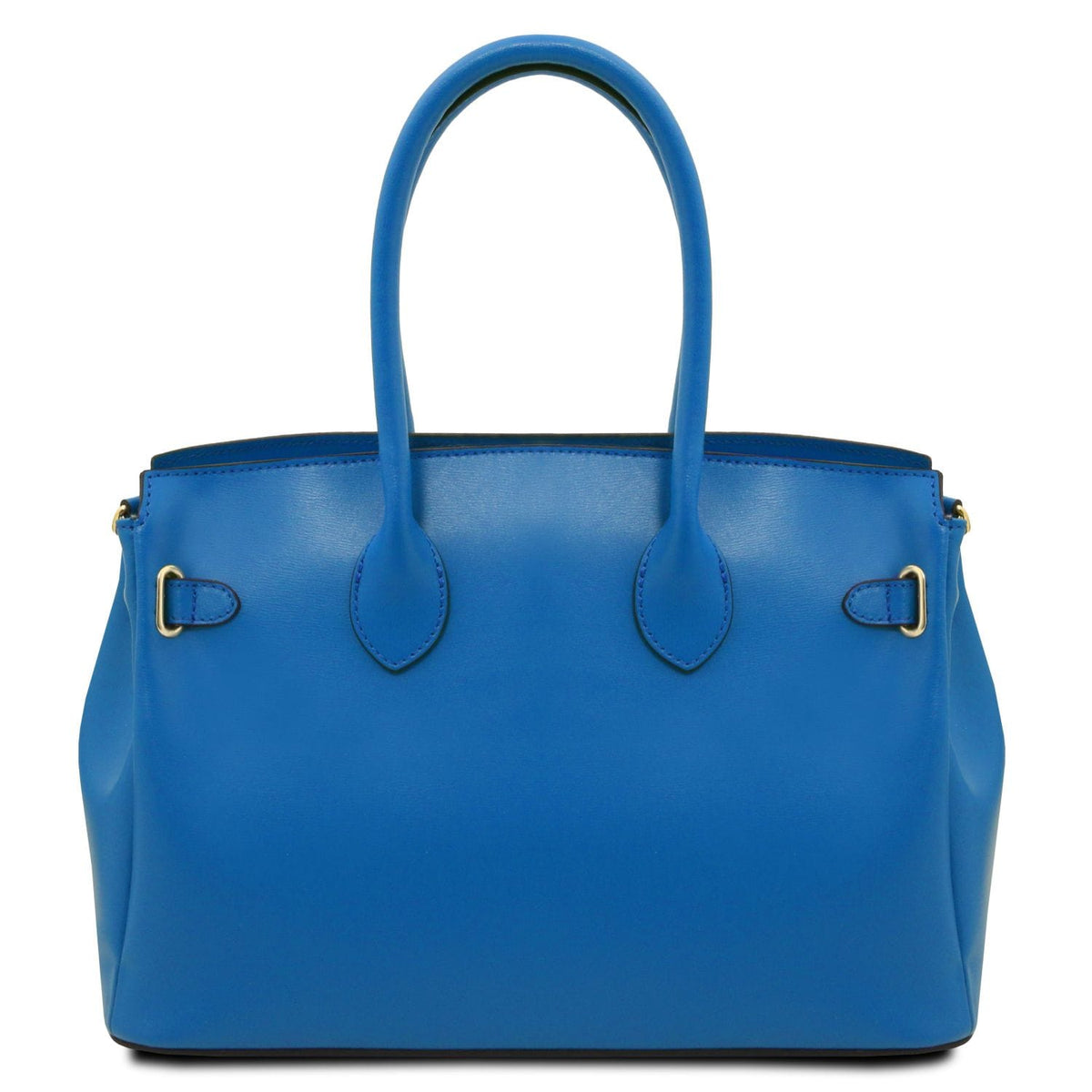 Blue piel lisa handbag with dos asas superiores and herrajes dorados accents, crafted in Italian leather.