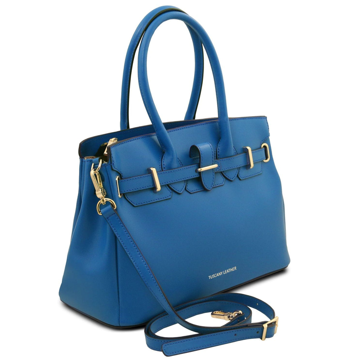 Blue piel plena flor handbag with dos asas superiores, correa de hombro extraíble, and gold-tone metal buckle accents.