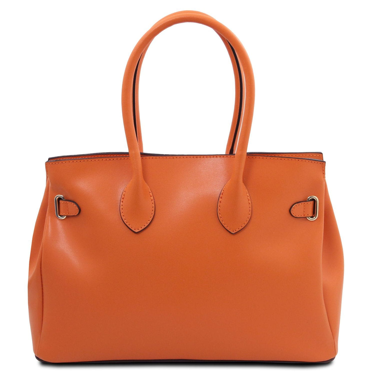 Naranja piel lisa handbag with double handles and minimal metal hardware accents in a structured silhouette.