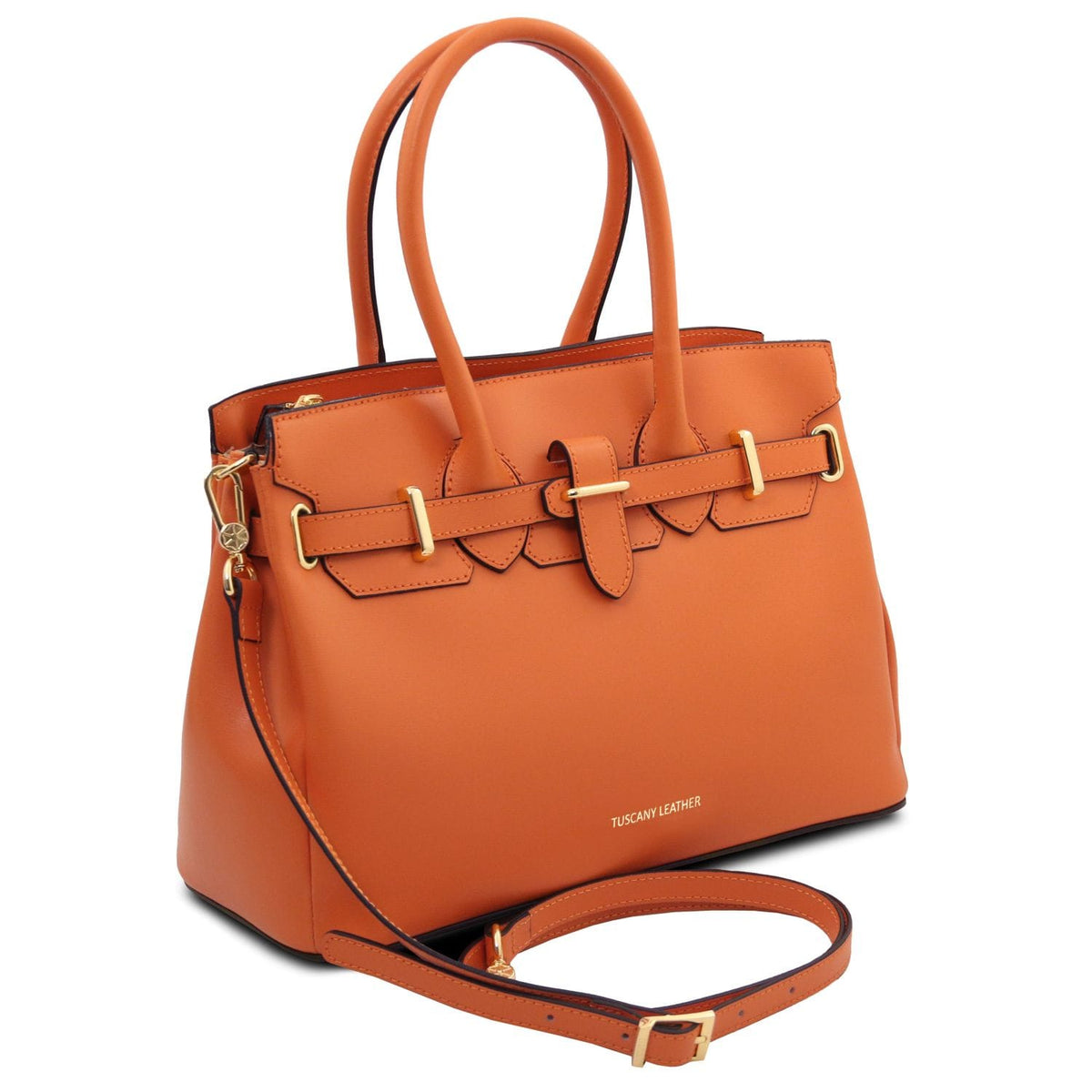Naranja Bolso de piel italiana with gold-tone buckle accents, asas superiores, and correa de hombro extraíble.