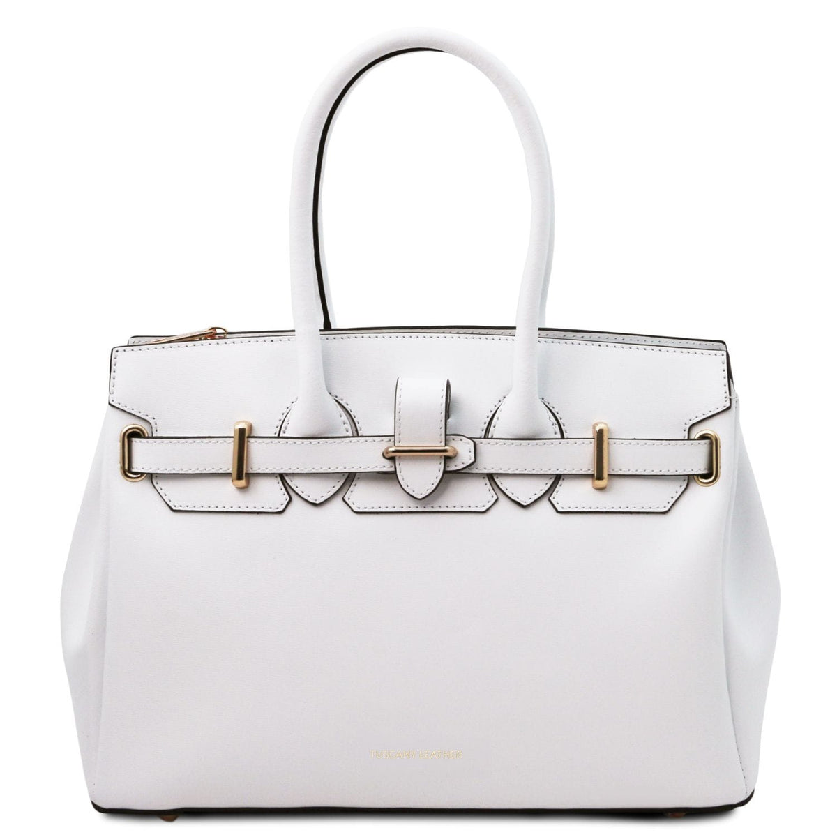 Blanco leather handbag with structured design, dual handles, and gold-tone buckle accents on front strap.