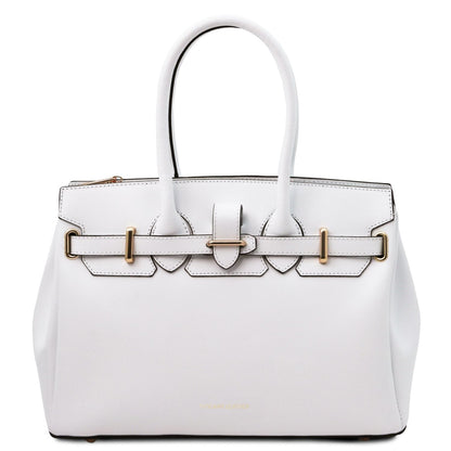 Blanco leather handbag with structured design, dual handles, and gold-tone buckle accents on front strap.