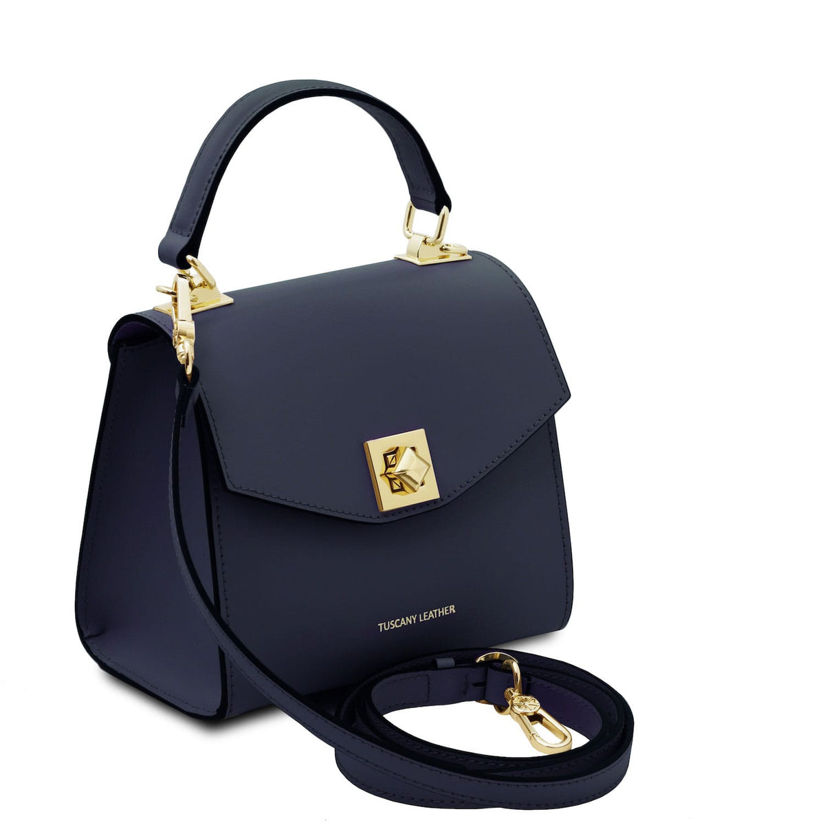 TL Bag - Leather mini bag | TL142203 in black leather with gold hardware, top handle, and detachable shoulder strap on white background