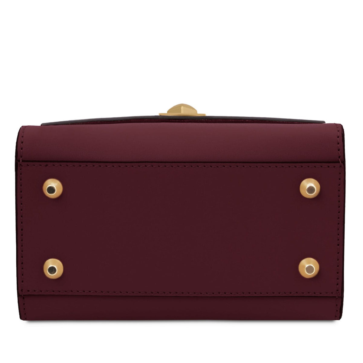 TL Bag - Leather mini bag | TL142203 in burgundy smooth leather with four gold metal feet on white background.