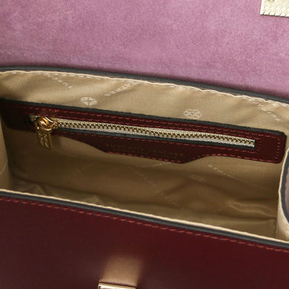 TL Bag - Leather mini bag | TL142203 in burgundy leather with interior zip pocket and beige fabric lining shown open