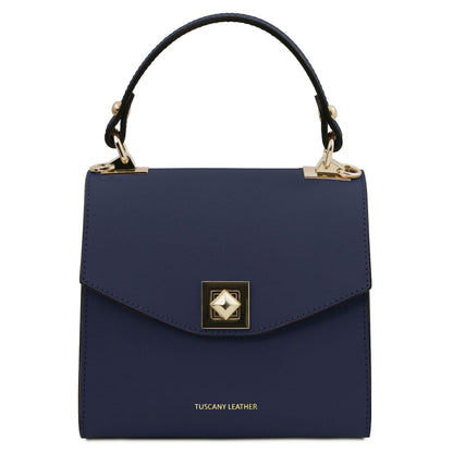 TL Bag - Leather mini bag | TL142203 in navy smooth leather with gold-tone square clasp and single top handle on white background