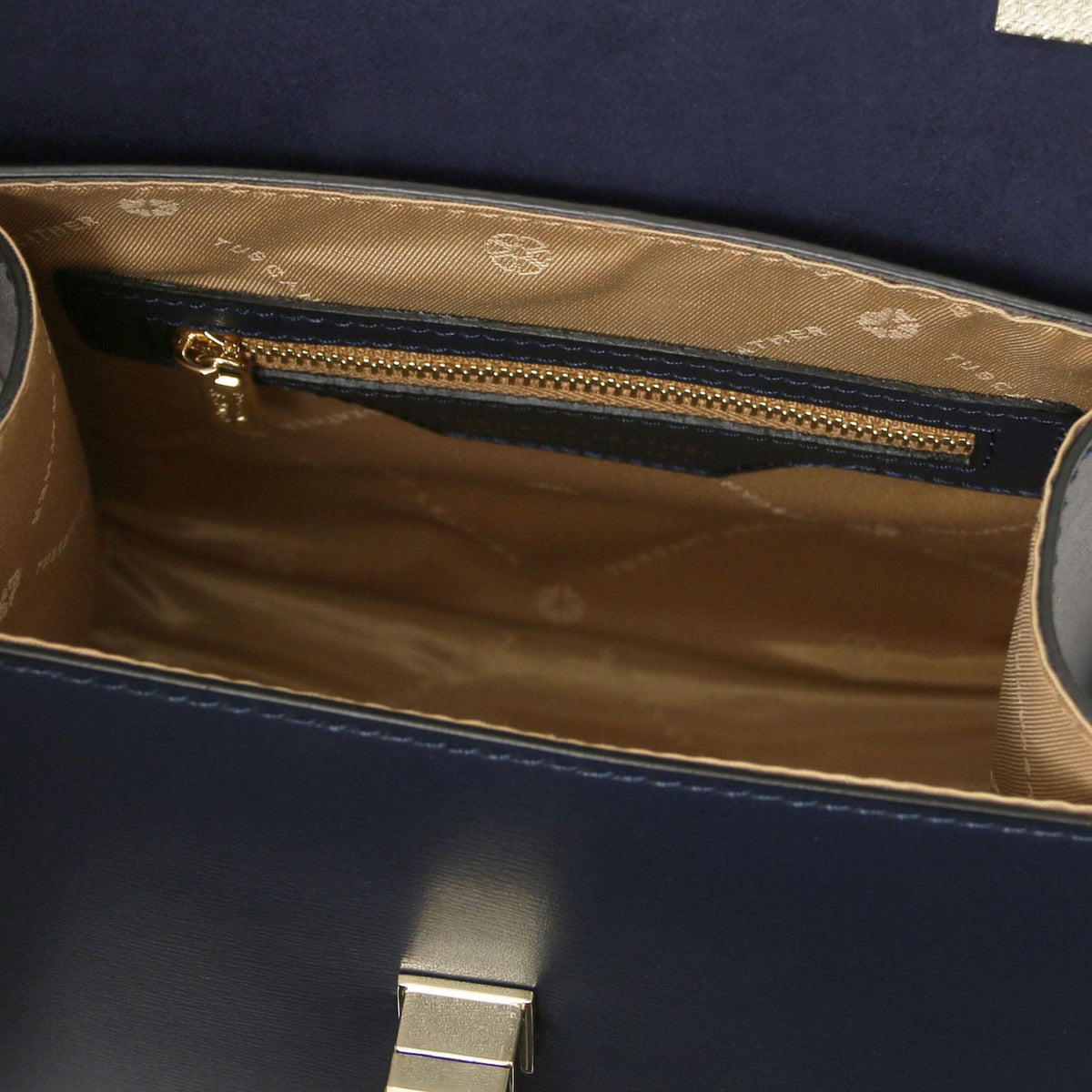 TL Bag - Leather mini bag | TL142203 in navy smooth leather with gold zipper pocket and beige fabric lining shown open
