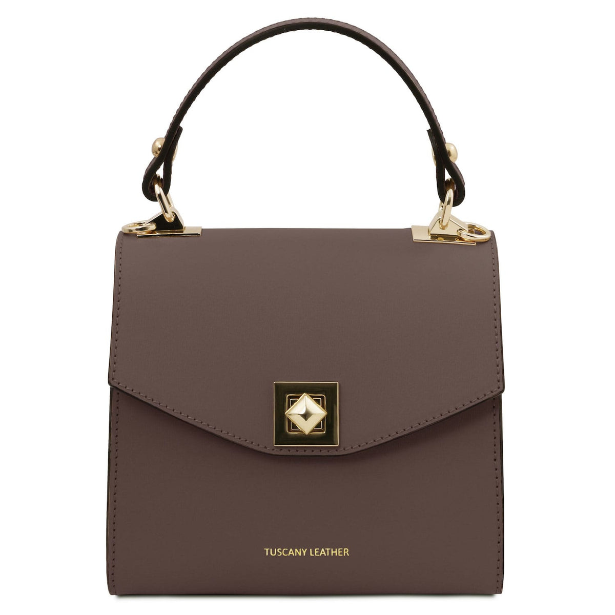 TL Bag - Leather mini bag | TL142203 in matte brown leather with structured top handle and gold-tone square turn-lock closure on white background