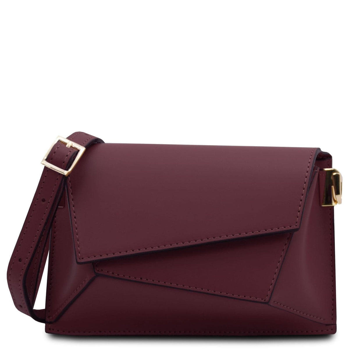 TL Bag - Bolso de hombro de piel  | TL142253 in burgundy smooth leather with geometric flap and correa ajustable sobre fondo blanco