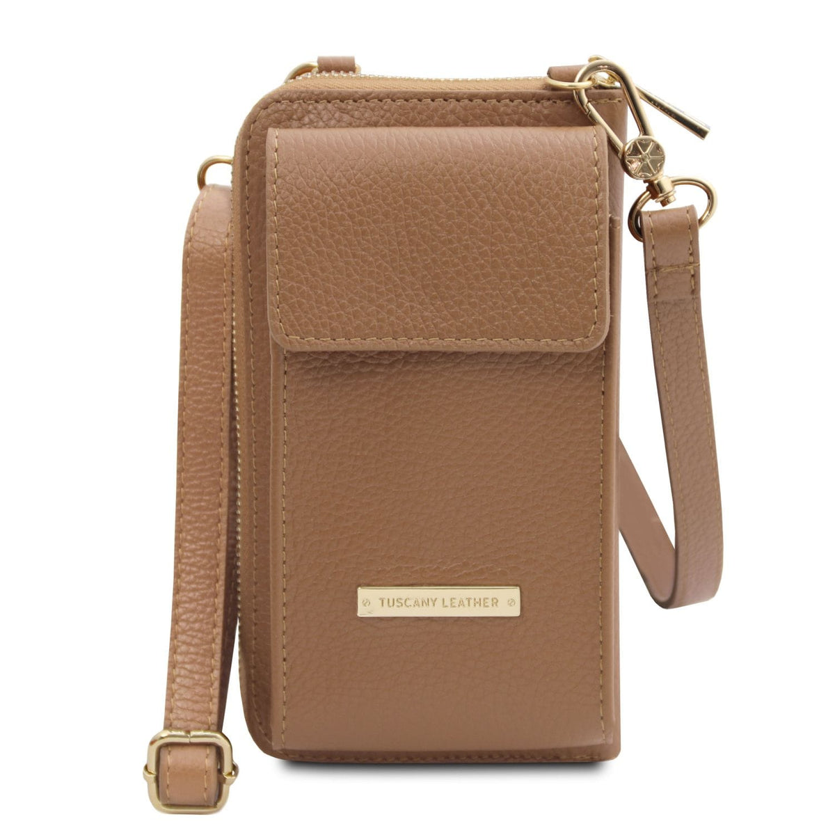 Tan leather phone wallet with strap featuring front pocket and gold Tuscany Leather plaque