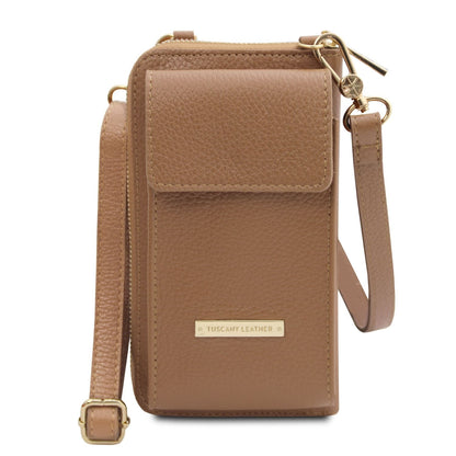 Tan leather phone wallet with strap featuring front pocket and gold Tuscany Leather plaque