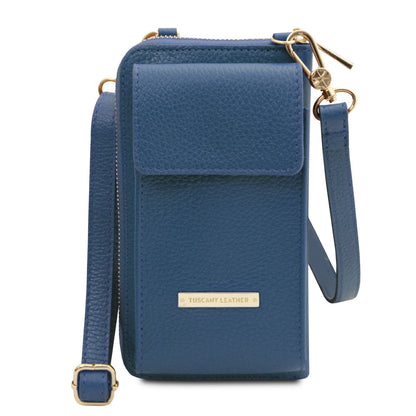 Blue textured leather phone wallet with detachable strap front flap pocket and gold brand plaque