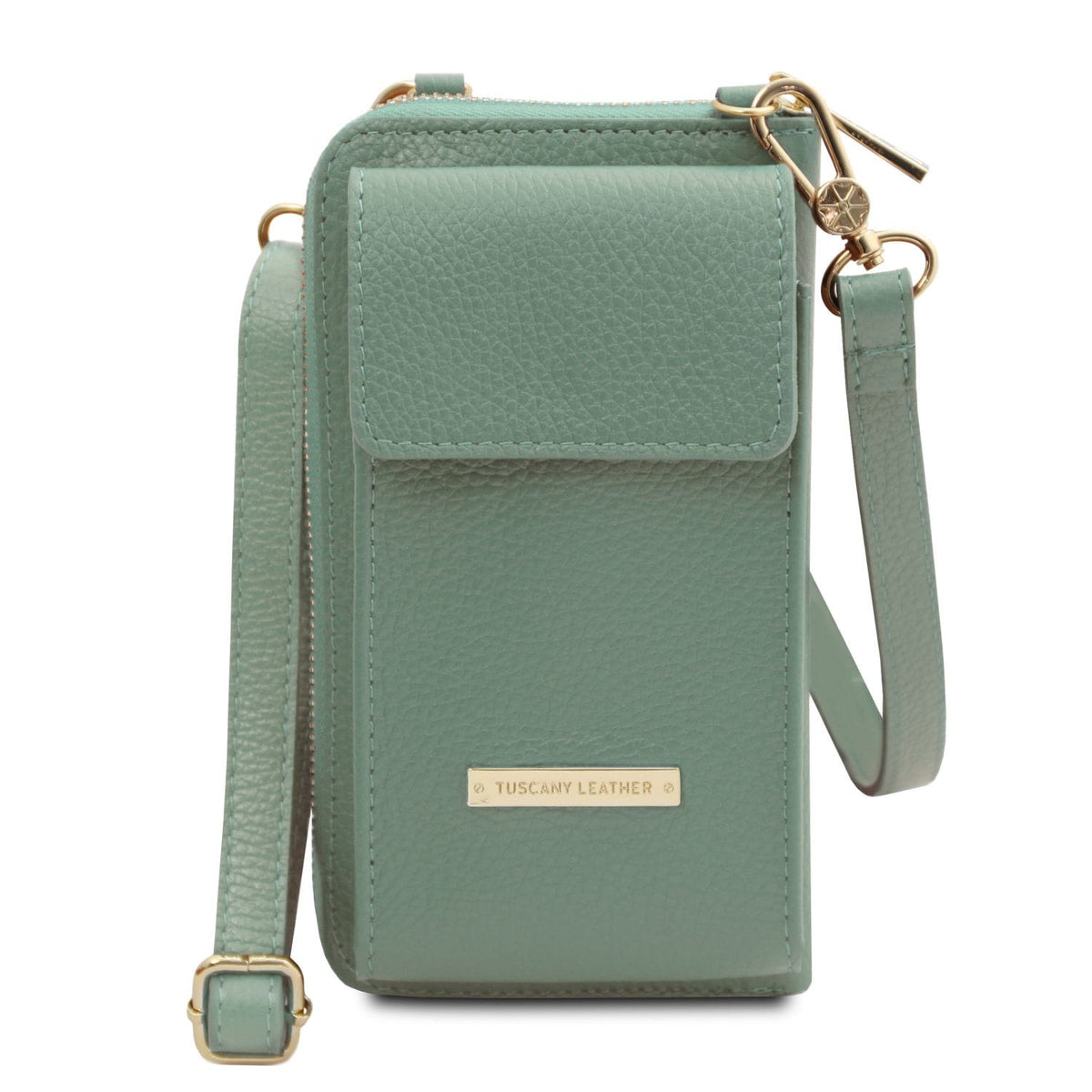 Teal green leather phone wallet with front flap pocket and gold hardware