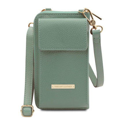 Teal green leather phone wallet with front flap pocket and gold hardware