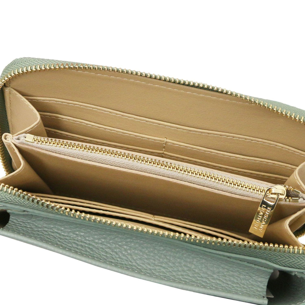 Open TL phone wallet showing multiple card slots and a gold zip coin pocket