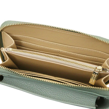 Open TL phone wallet showing multiple card slots and a gold zip coin pocket