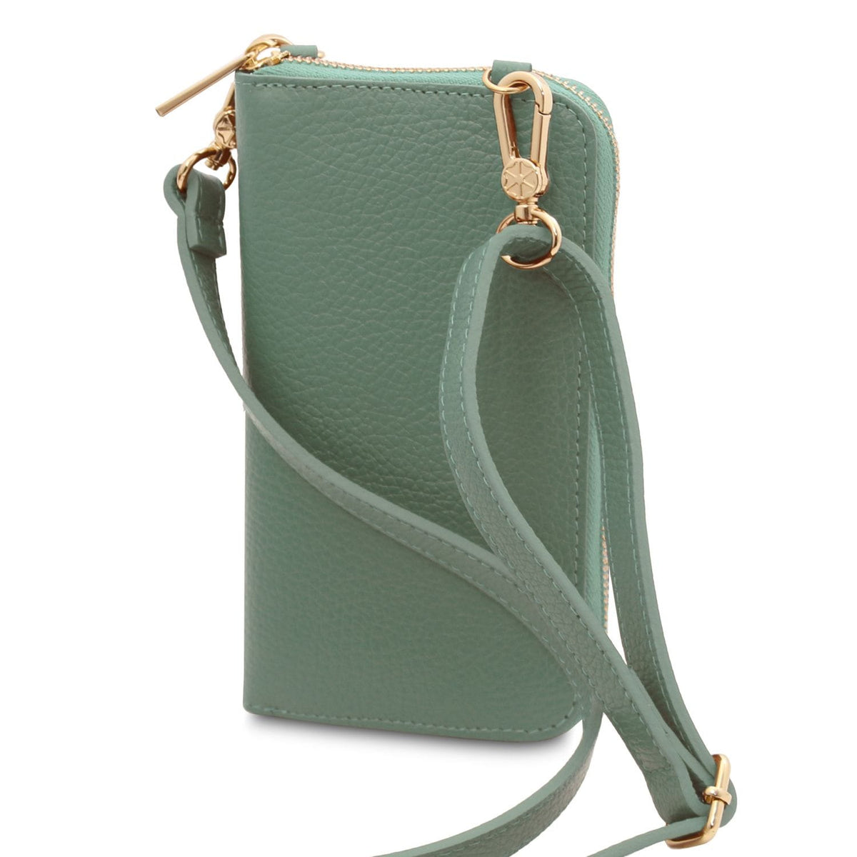 Teal green leather phone wallet with long crossbody strap and gold hardware from a rear angle