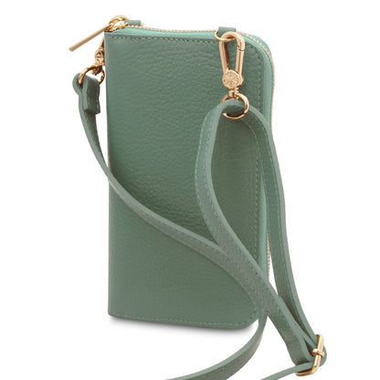 Teal green leather phone wallet with long crossbody strap and gold hardware from a rear angle