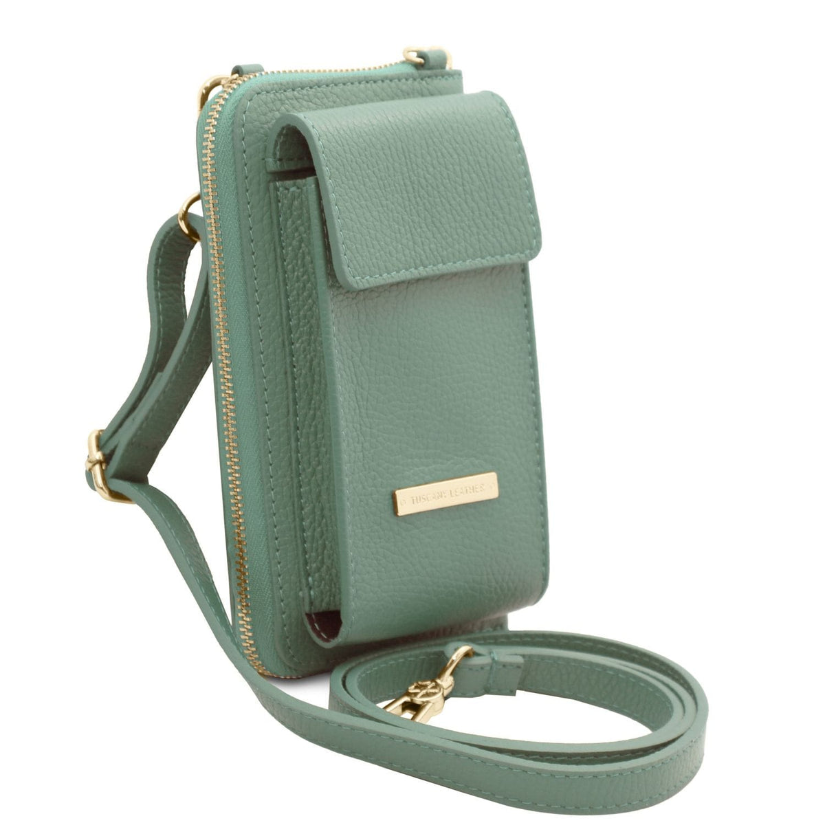 Teal green leather phone wallet shown from the side with zipper closure and a strap