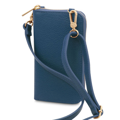 Blue leather phone wallet with a detachable strap and gold hardware