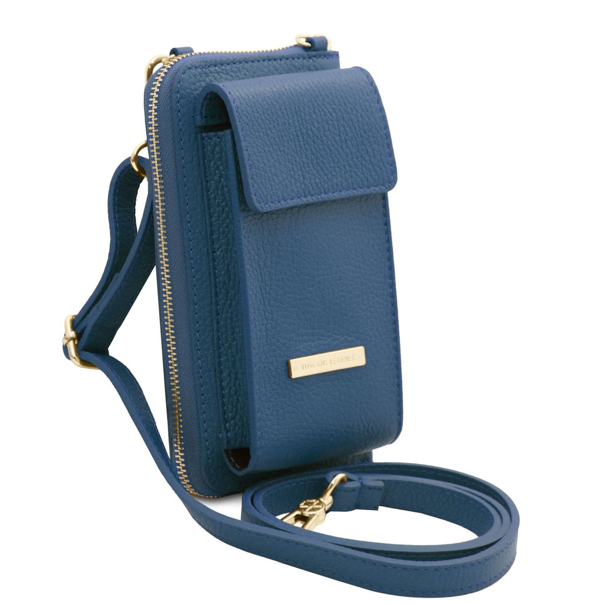 Blue leather phone wallet with long detachable strap and gold zipper along the side