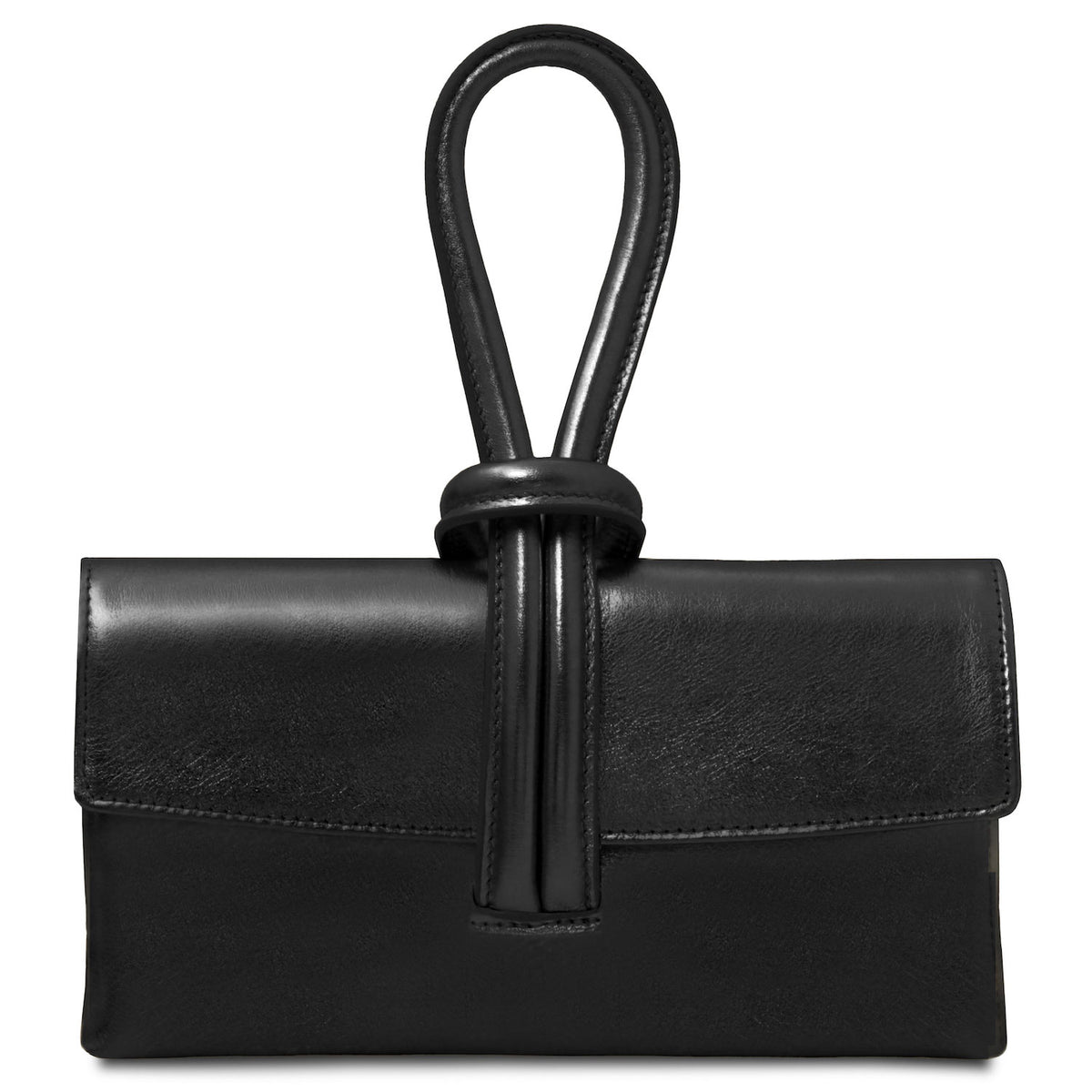 TL Bag - Metallic leather clutch | TL141993 in black smooth leather with looped strap detail on white background