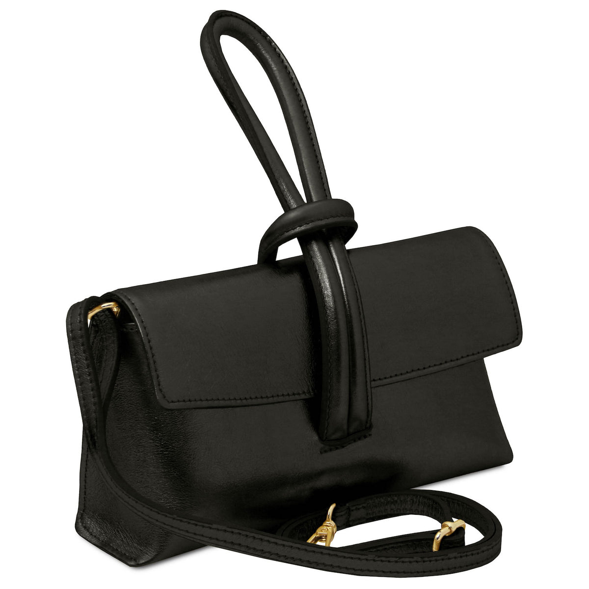 TL Bag - Metallic leather clutch | TL141993 in black leather with a looped strap detail and detachable shoulder strap on white background