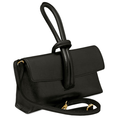 TL Bag - Metallic leather clutch | TL141993 in black leather with a looped strap detail and detachable shoulder strap on white background