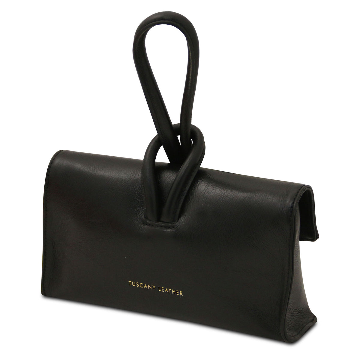 TL Bag - Metallic leather clutch | TL141993 in black leather with looped handle detail and gold foil logo on white background
