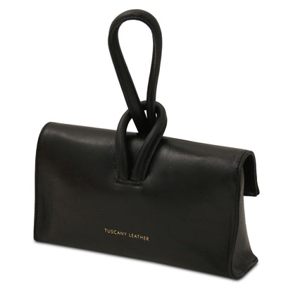 TL Bag - Metallic leather clutch | TL141993 in black leather with looped handle detail and gold foil logo on white background