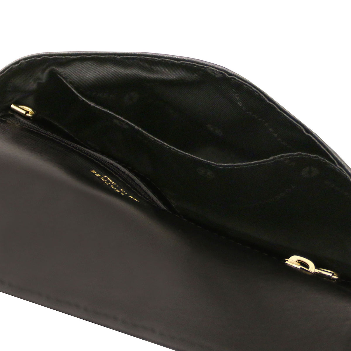 TL Bag - Metallic leather clutch | TL141993 in black metallic leather with interior zip pocket and smooth lining on white background.