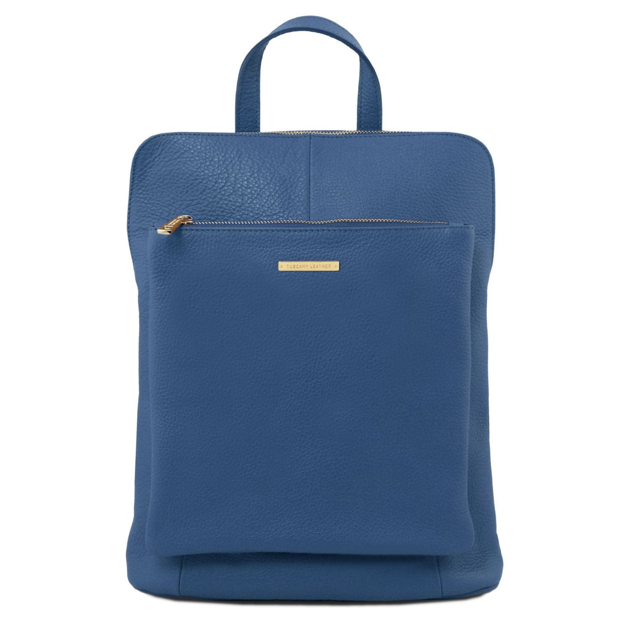 Blue laptop backpack with a goudkleurige rits tegen witte achtergrond