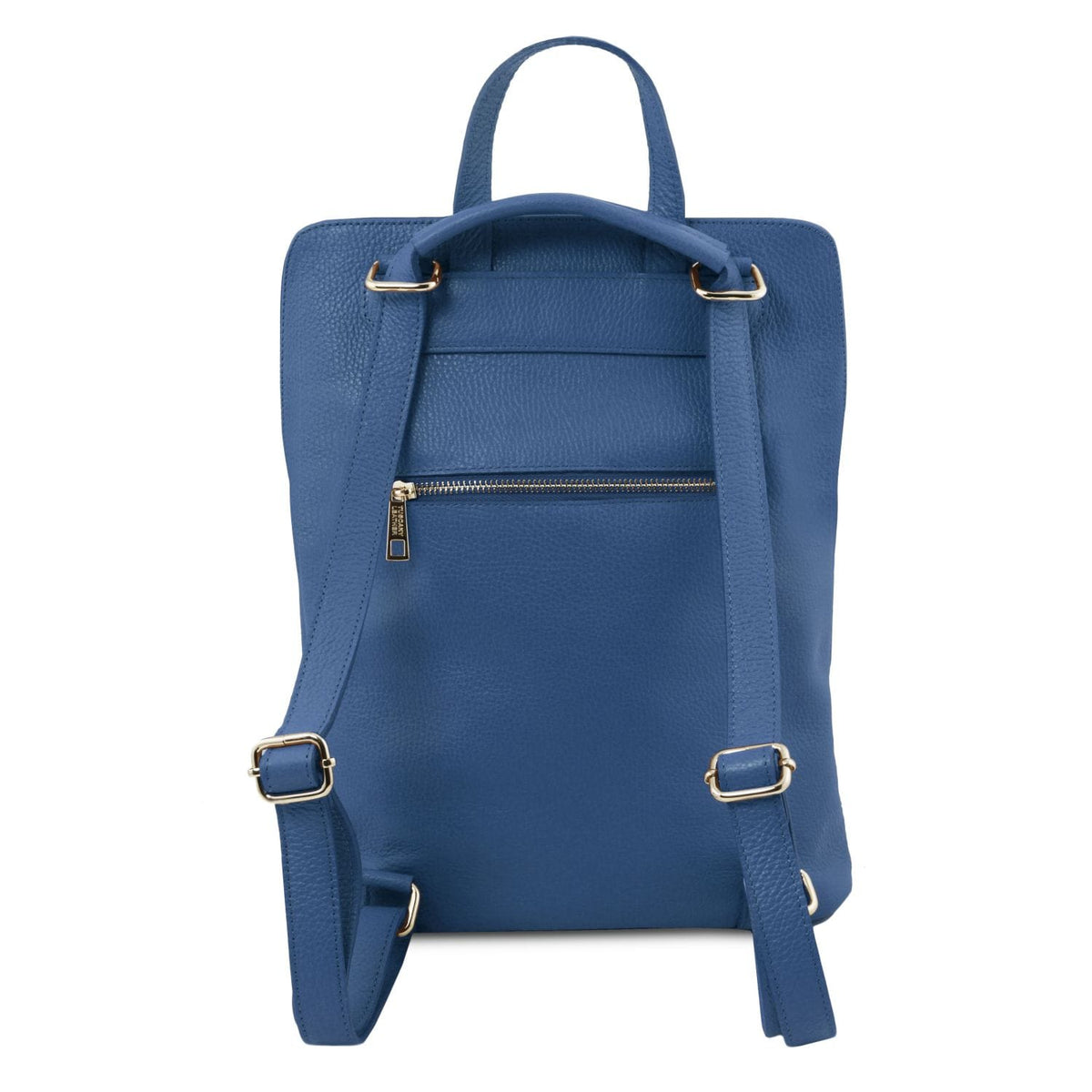 Back view of blue TL Bag showing verstelbare riems and handvat.