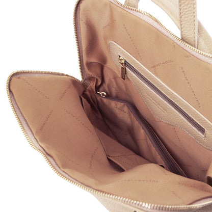 Cognac lined interior of TL Bag Soft 2-in-1 convertible backpack showing multiple pockets and a ritsvak
