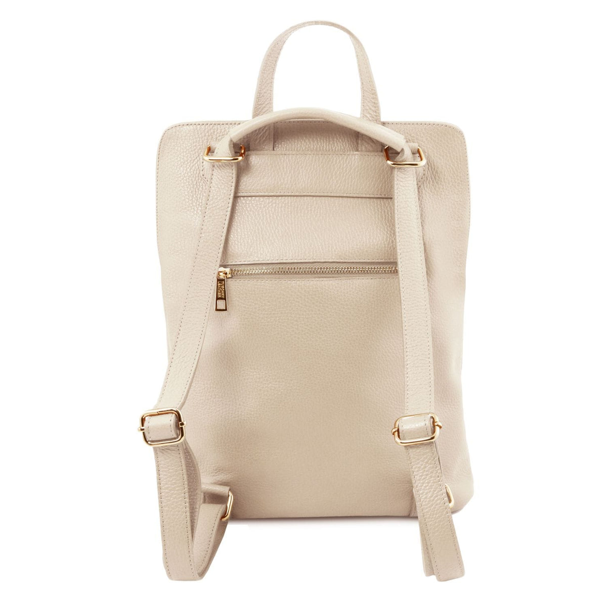 Back view of the beige TL Bag with verstelbare schouderriems and rear zipper pocket.