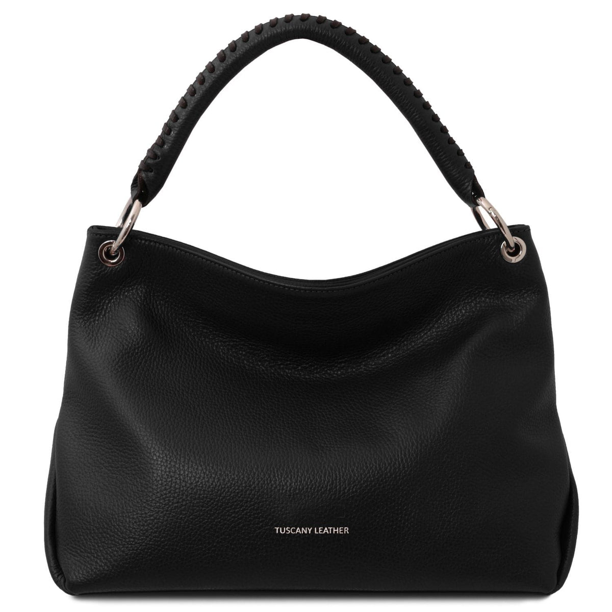 Nero TL Bag soft Borsa in pelle italiana con braided manico superiore e accessori metallici color argento, Tuscany Leather logo on front.