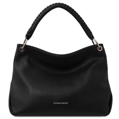 Nero TL Bag soft Borsa in pelle italiana con braided manico superiore e accessori metallici color argento, Tuscany Leather logo on front.