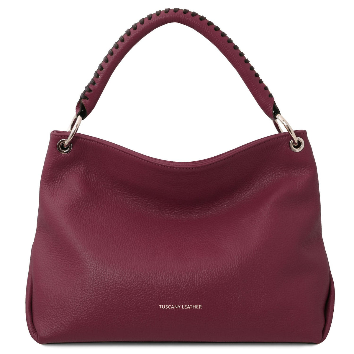 TL Bag - Soft Borsa in pelle italiana | TL142087 in bordeaux pelle martellata con stitched hele detail su sfondo bianco