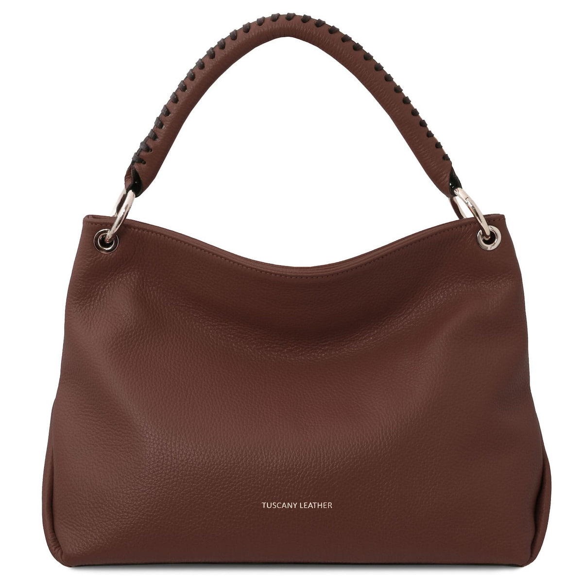 TL Bag - Soft Borsa in pelle italiana | TL142087 in marrone pelle martellata con stitched manico superiore su sfondo bianco