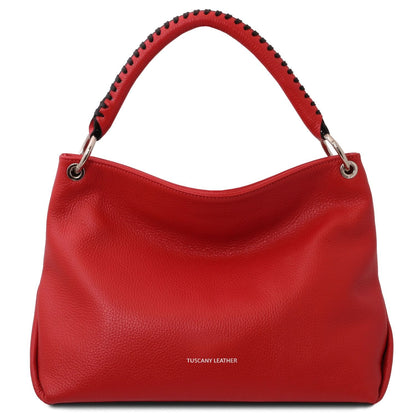 Rosso TL Bag in soft pelle martellata con a stitched rosso hele e accessori metallici color argento