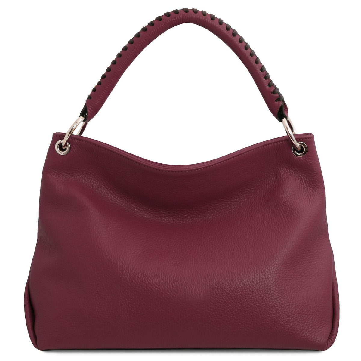 TL Bag - Soft Borsa in pelle italiana | TL142087 in bordeaux pelle martellata con stitched manico superiore e silver-tone hardware su sfondo bianco