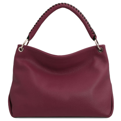 TL Bag - Soft Borsa in pelle italiana | TL142087 in bordeaux pelle martellata con stitched manico superiore e silver-tone hardware su sfondo bianco