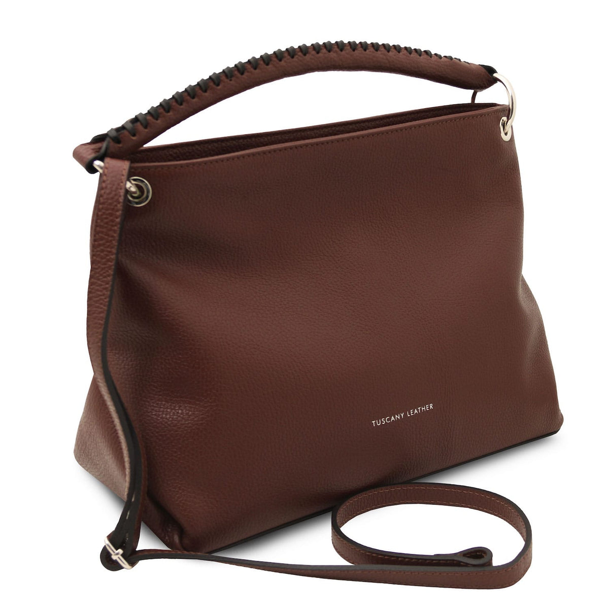 TL Bag - Soft Borsa in pelle italiana | TL142087 in marrone pelle martellata con manico superiore e tracolla removibile su sfondo bianco
