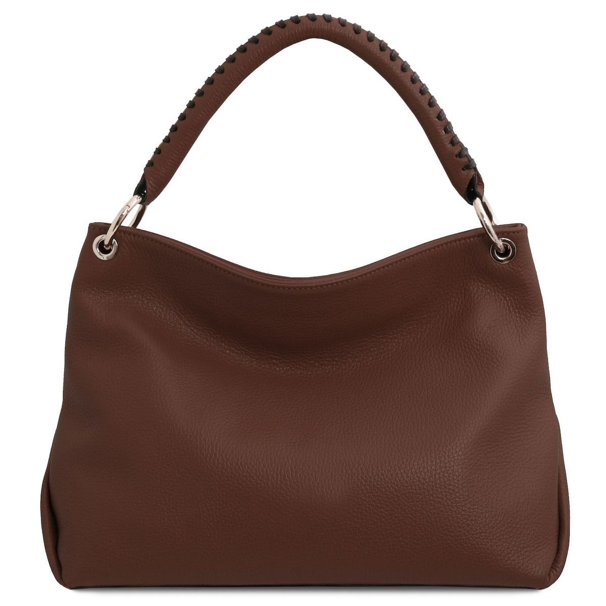 TL Bag - Soft Borsa in pelle italiana | TL142087 in marrone pelle martellata con stitched manico superiore su sfondo bianco