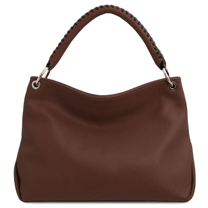 TL Bag - Soft Borsa in pelle italiana | TL142087 in marrone pelle martellata con stitched manico superiore su sfondo bianco